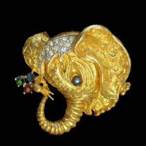 Vintage Polcini Jeweled Lucky Elephant Brooch